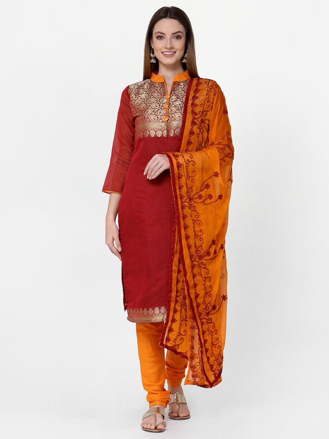 RAJGRANTH Red & Yellow Unstitched Dress Material Price in India