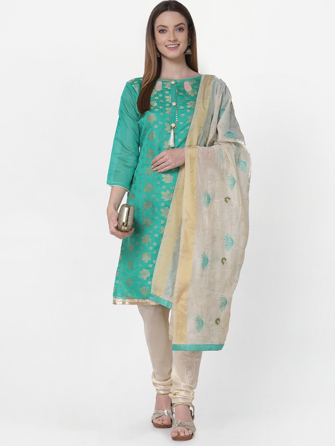 RAJGRANTH Sea Green & Beige Printed Unstitched Dress Material Price in India