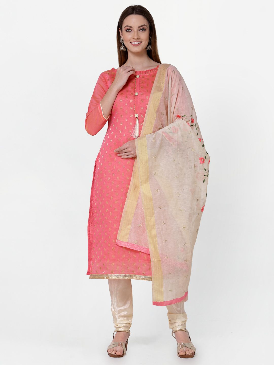 RAJGRANTH Pink & Cream-Coloured Printed Unstitched Dress Material Price in India