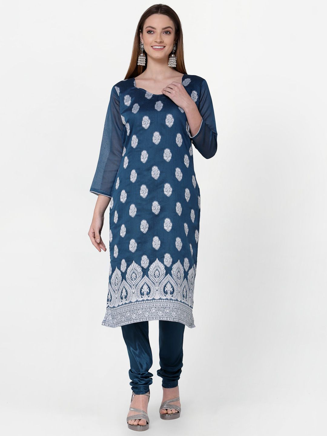 RAJGRANTH Blue & Silver-Toned Printed Jute Cotton Unstitched Dress Material Price in India