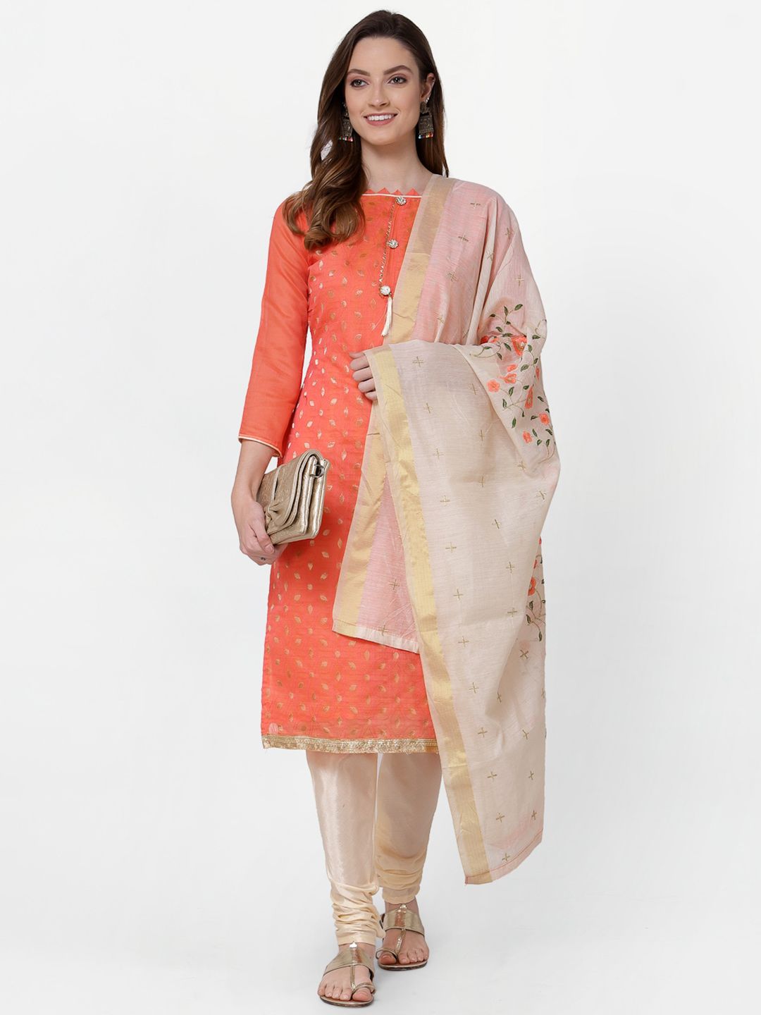 RAJGRANTH Orange & Cream-Coloured Unstitched Dress Material Price in India