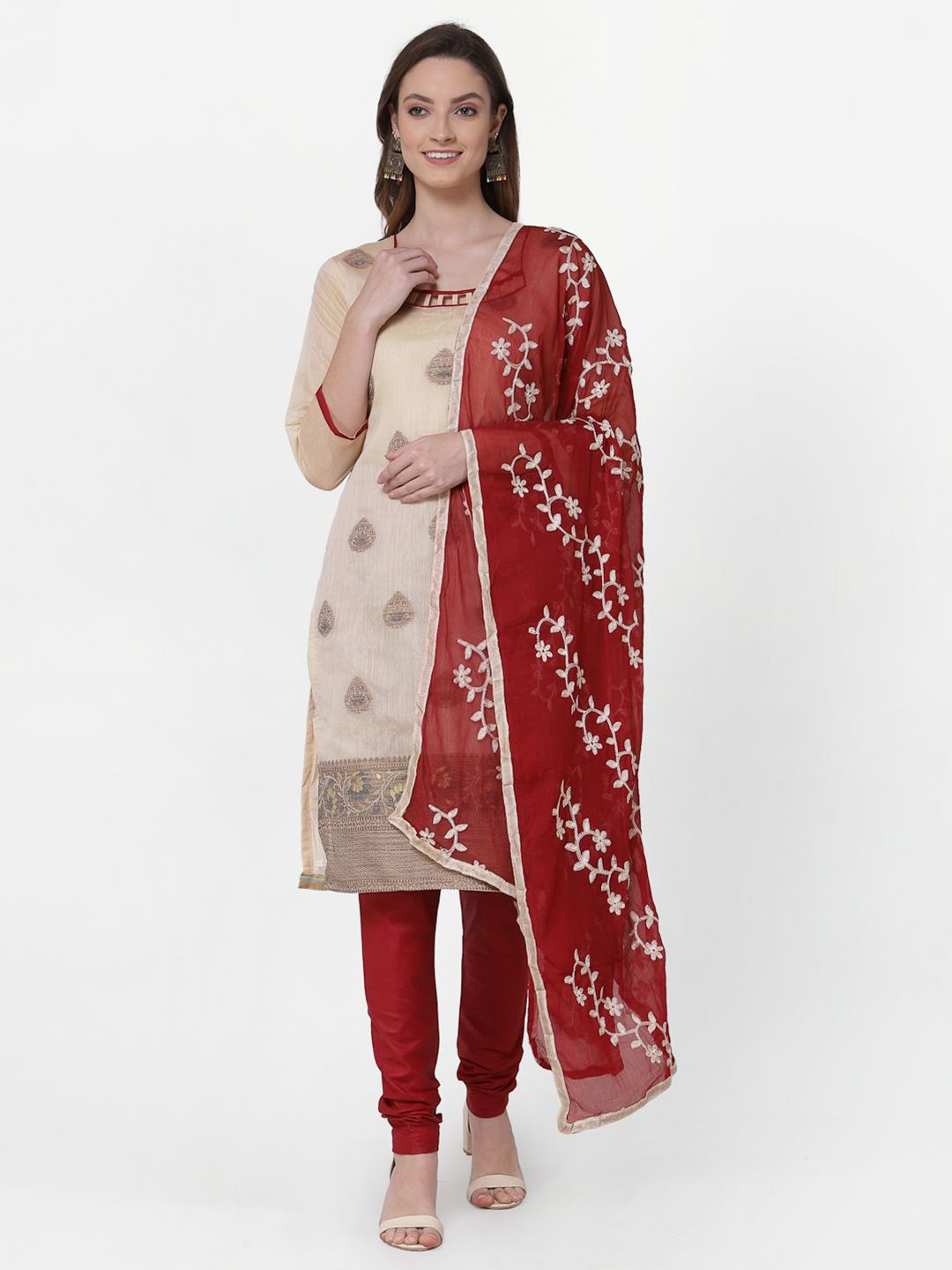 RAJGRANTH Cream-Coloured & Red Printed Unstitched Dress Material Price in India