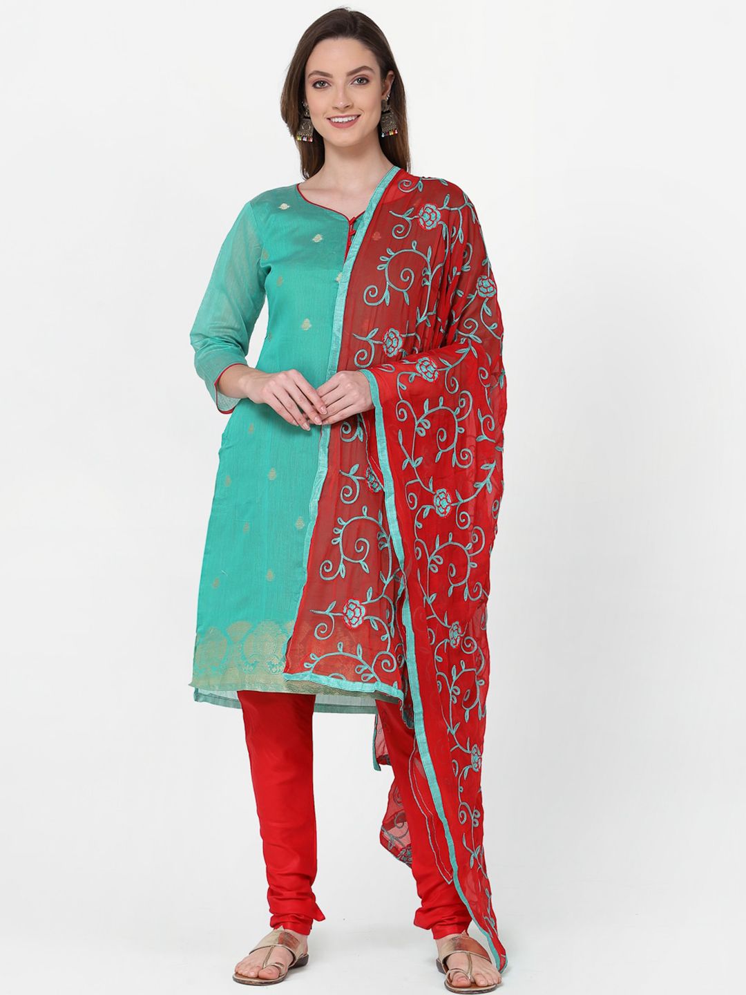 RAJGRANTH Green & Red Printed Unstitched Dress Material Price in India