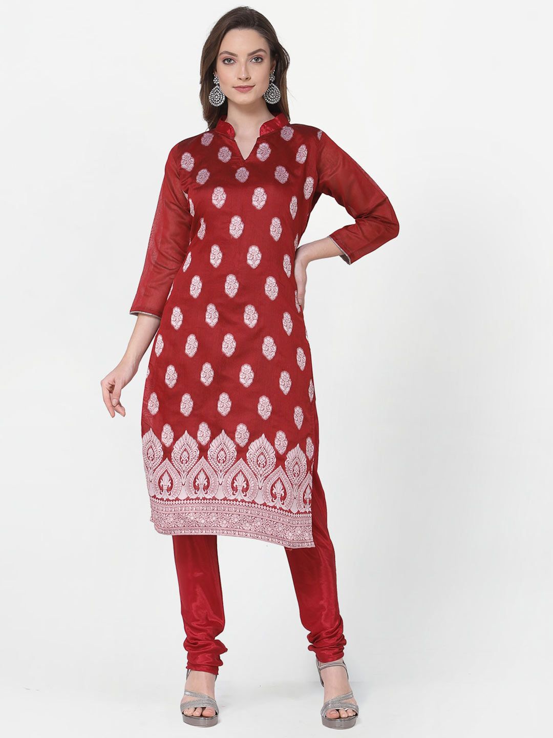 RAJGRANTH Red & Silver-Toned Printed Jute Cotton Unstitched Dress Material Price in India