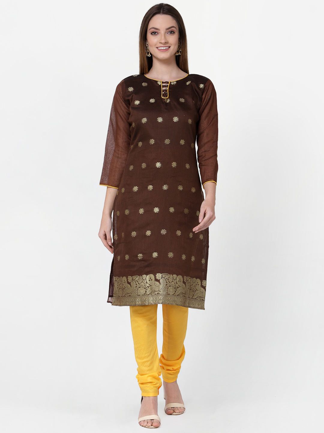 RAJGRANTH Brown & Yellow Printed Unstitched Dress Material Price in India