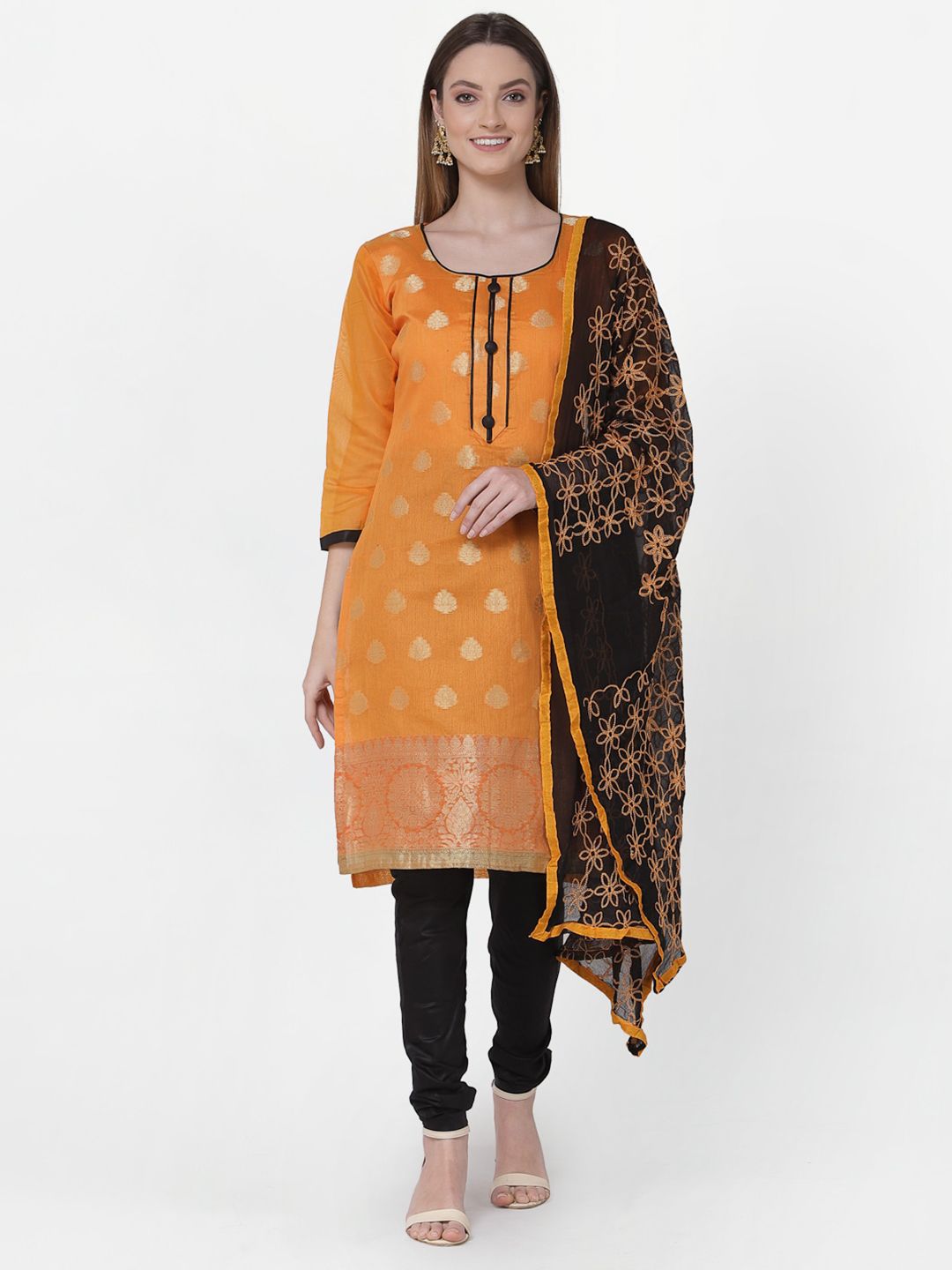 RAJGRANTH Orange & Black Printed Unstitched Dress Material Price in India