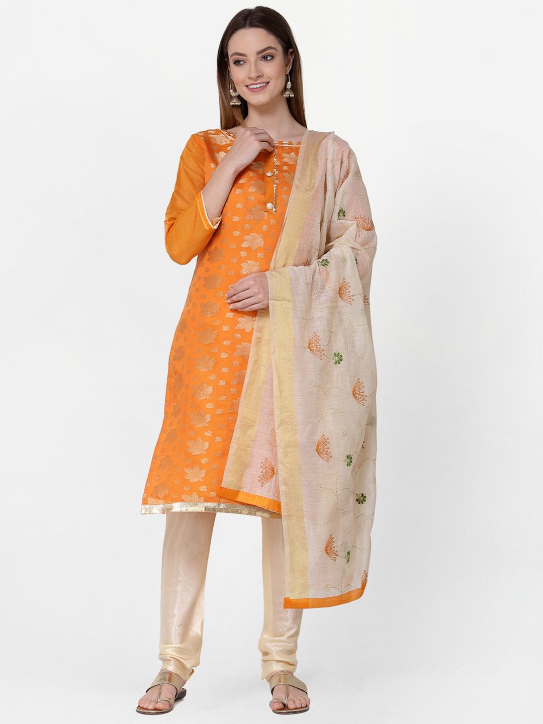 RAJGRANTH Orange & Beige Printed Unstitched Dress Material Price in India