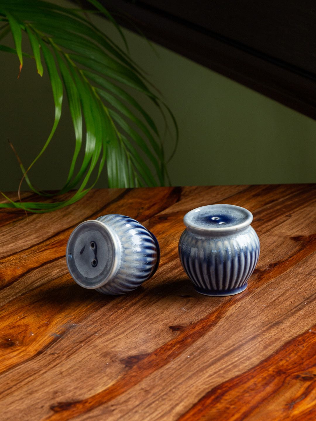 ExclusiveLane Set of 2 Ceramic Blue Textured Salt & Pepper Shakers Price in India