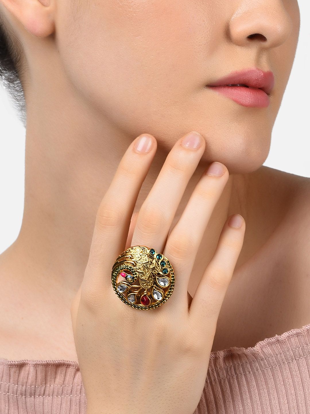 Zaveri Pearls Gold-Plated Red & White Kundan-Studded Adjustable Meenakari Finger Ring Price in India
