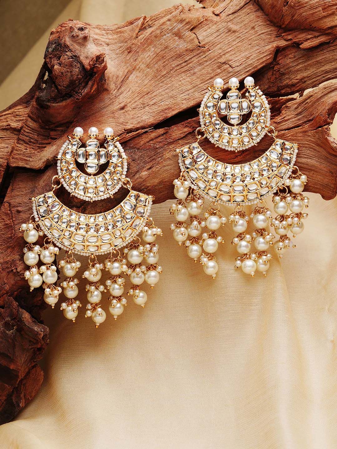 Zaveri Pearls Gold-Plated & White Pearls Beaded Kundan Studded Chandbalis Earrings Price in India