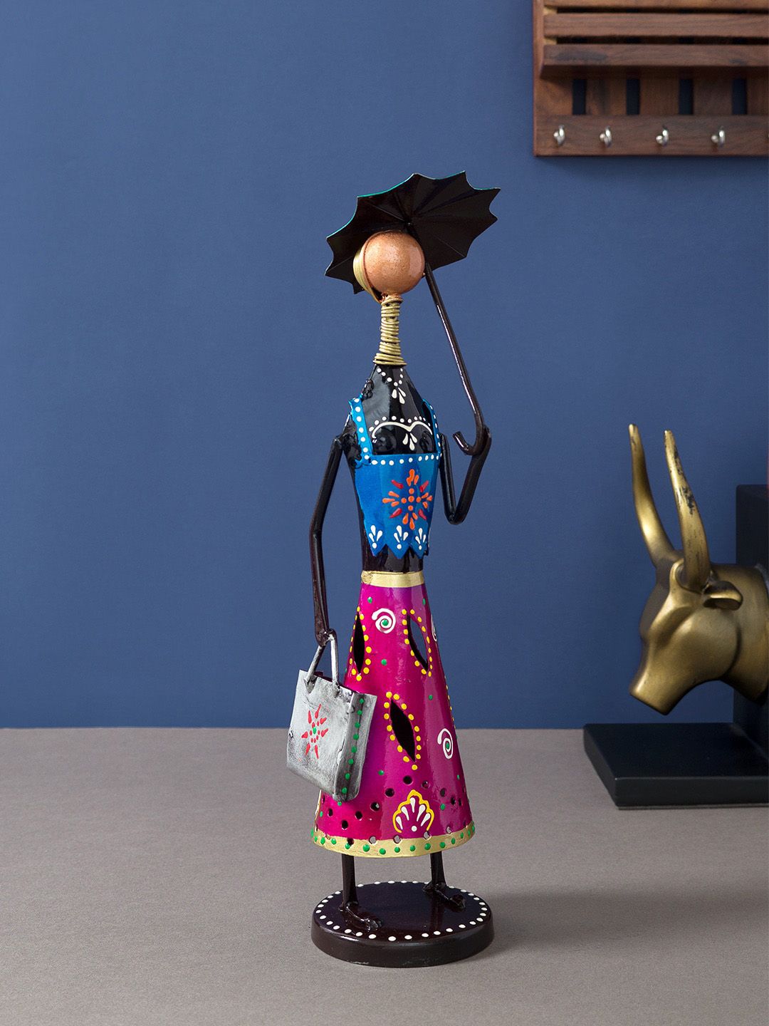 Golden Peacock Pink & Black Handcrafted & Hand-Painted Lady With Umbrella Showpiece Price in India