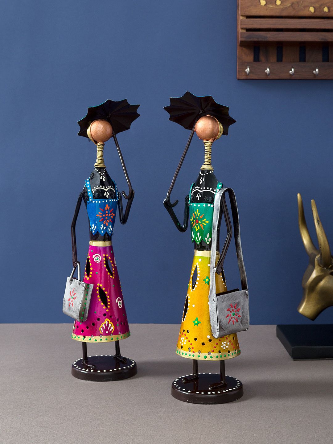 Golden Peacock Set Of 2 Handcrafted & Hand-Painted Lady With Umbrella Showpiece Price in India