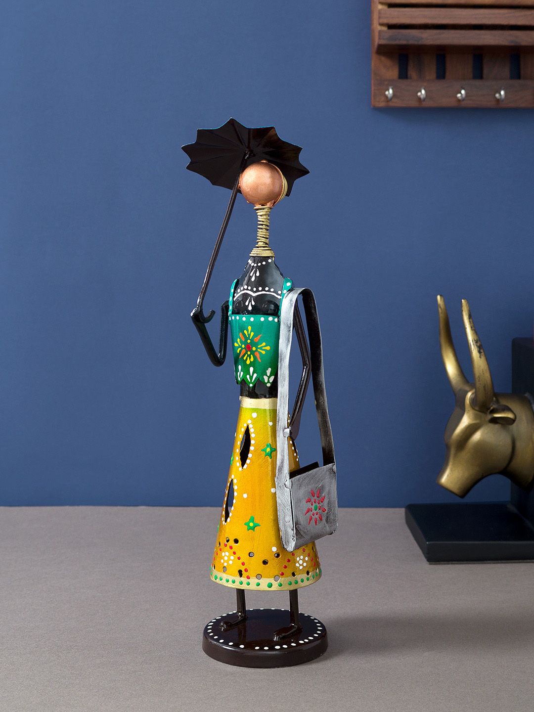 Golden Peacock Yellow & Green Handcrafted & Hand-Painted Lady With Umbrella Showpiece Price in India