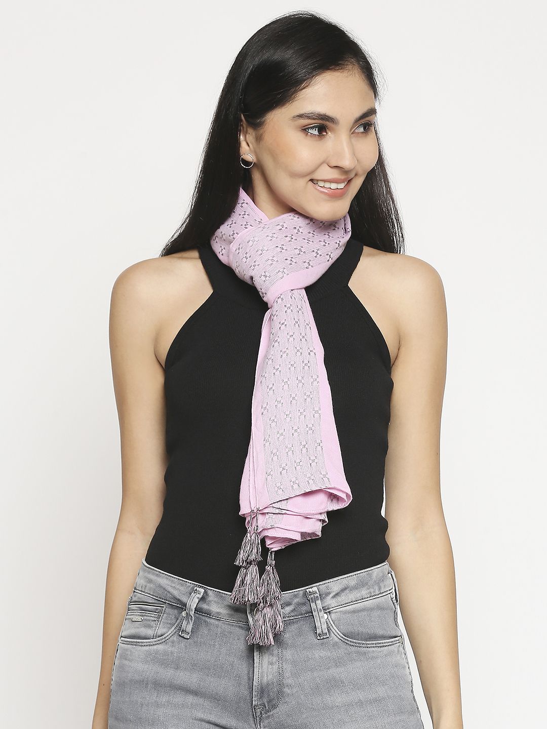 Get Wrapped Women Pink Woven Designed Scarves with Tassels Price in India