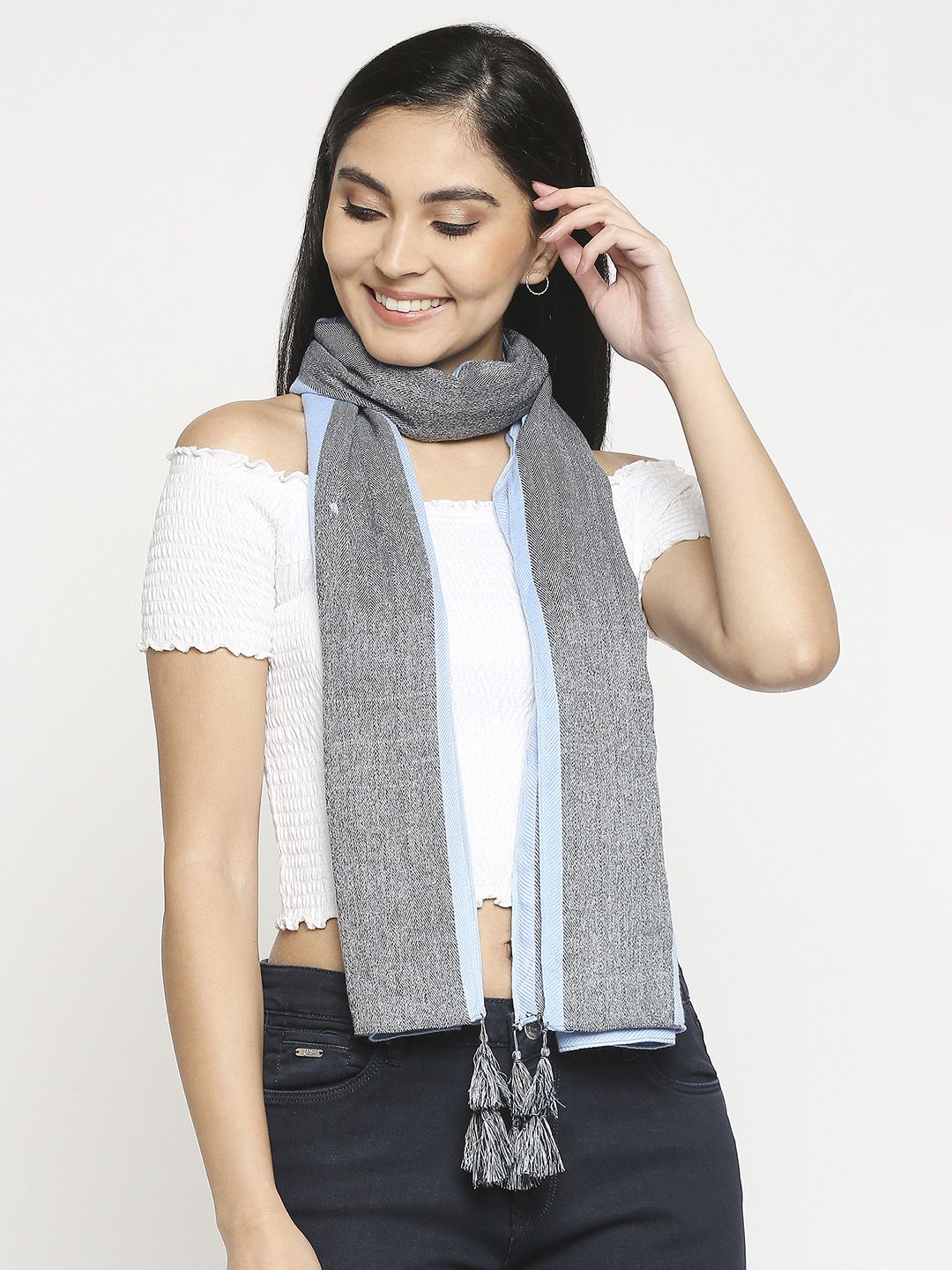 Get Wrapped Women Blue & Grey Scarf Price in India