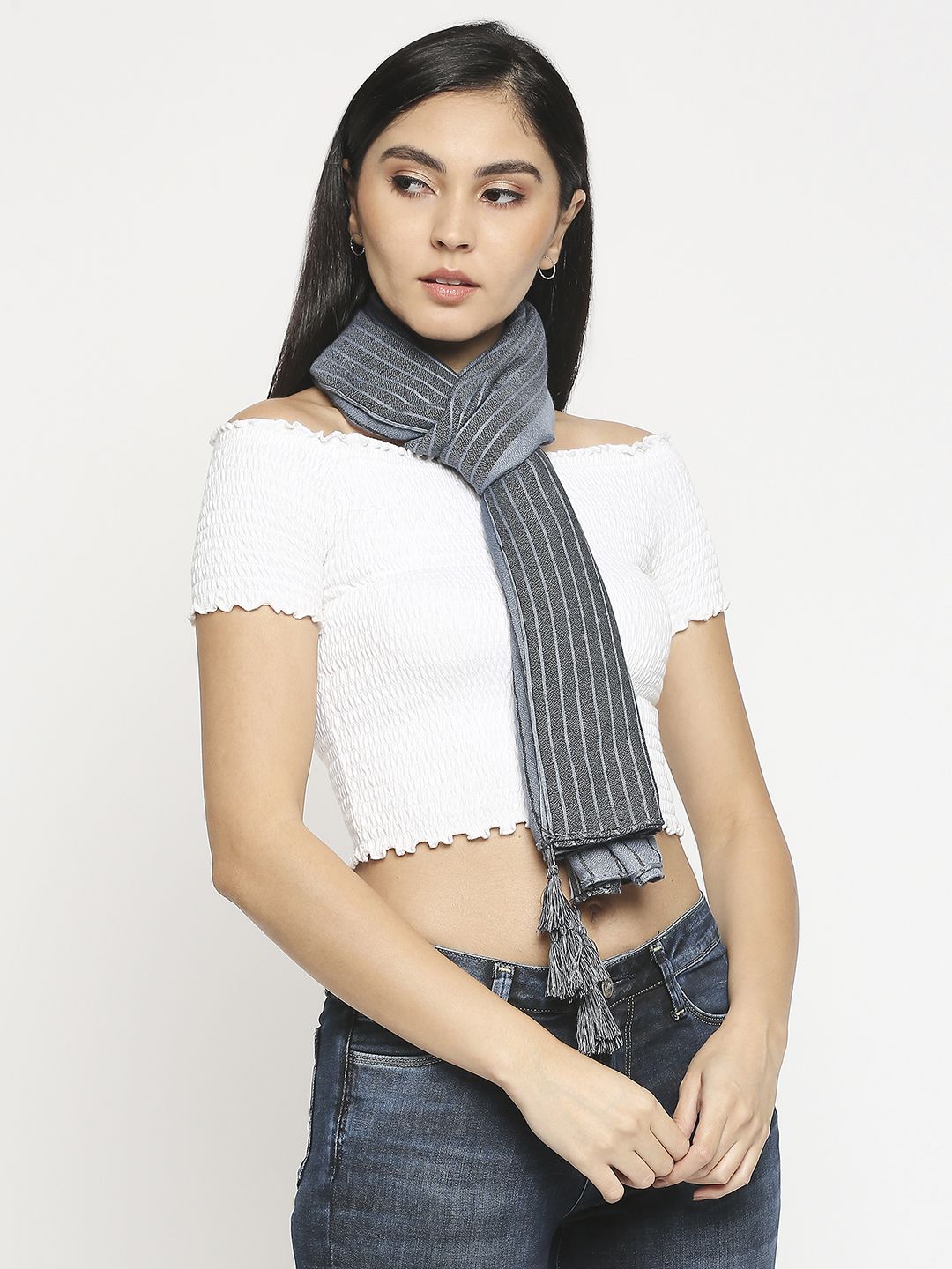 Get Wrapped Women Grey Striped Scarf Price in India