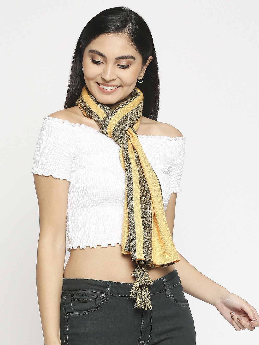 Get Wrapped Women Yellow & Black Scarf Price in India