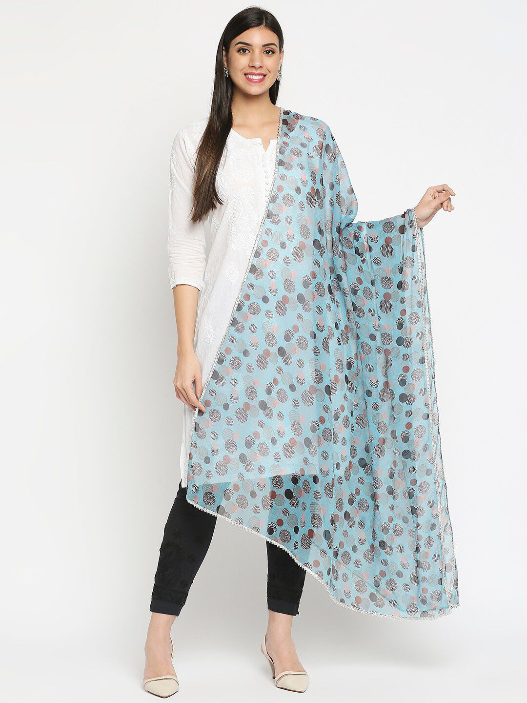 Get Wrapped Women Blue & Brown Printed Poly Chiffon Dupatta Price in India