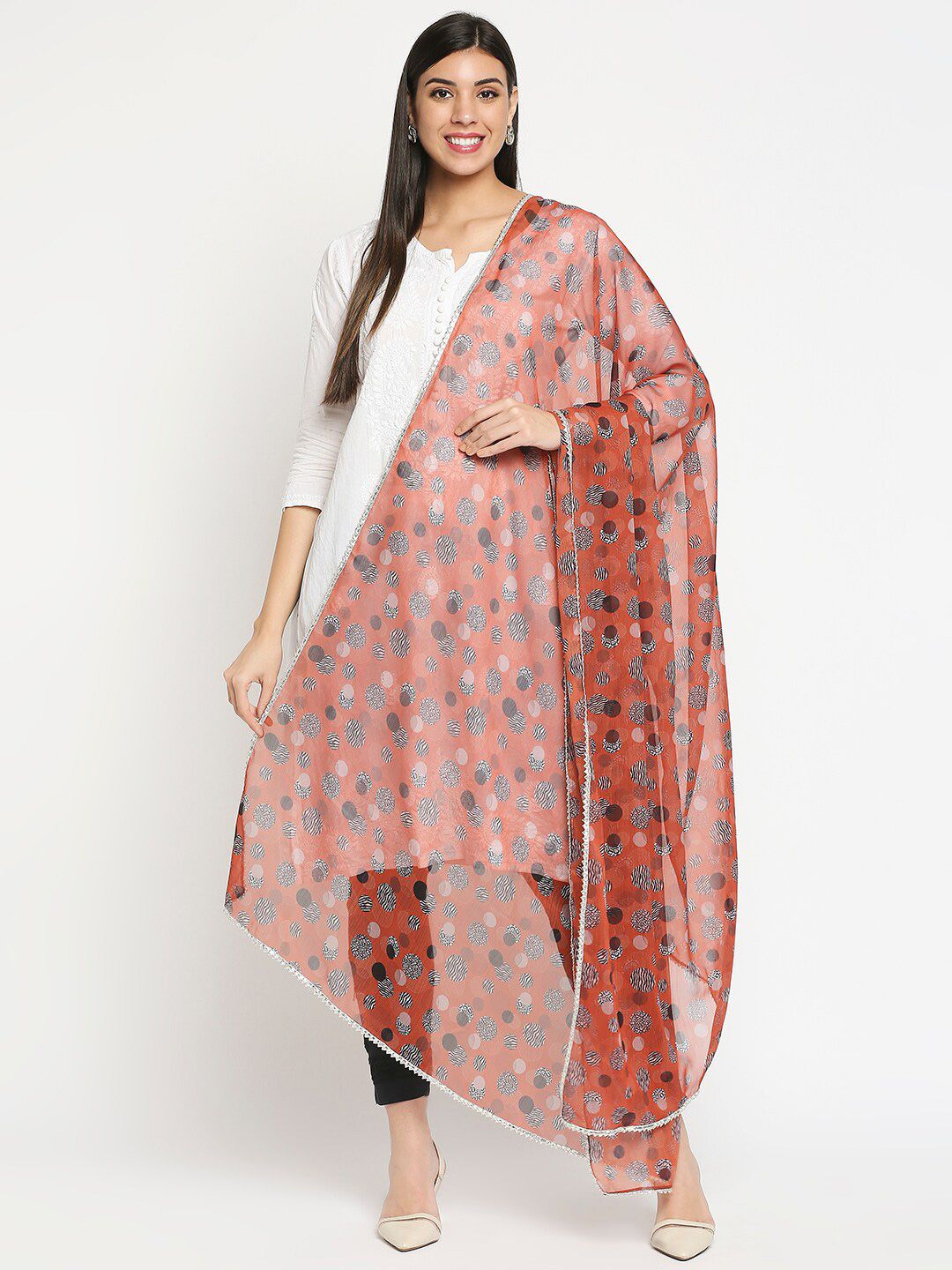 Get Wrapped Red & Grey Printed Poly Chiffon Dupatta