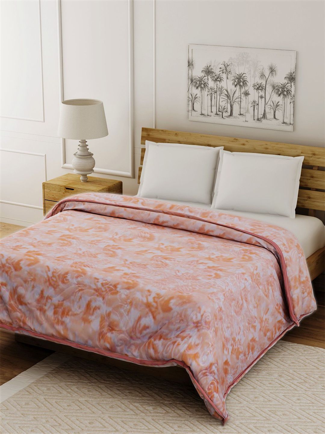 Spangle Peach-Coloured & White Floral Mink Heavy Winter 400 GSM Double Bed Blanket Price in India