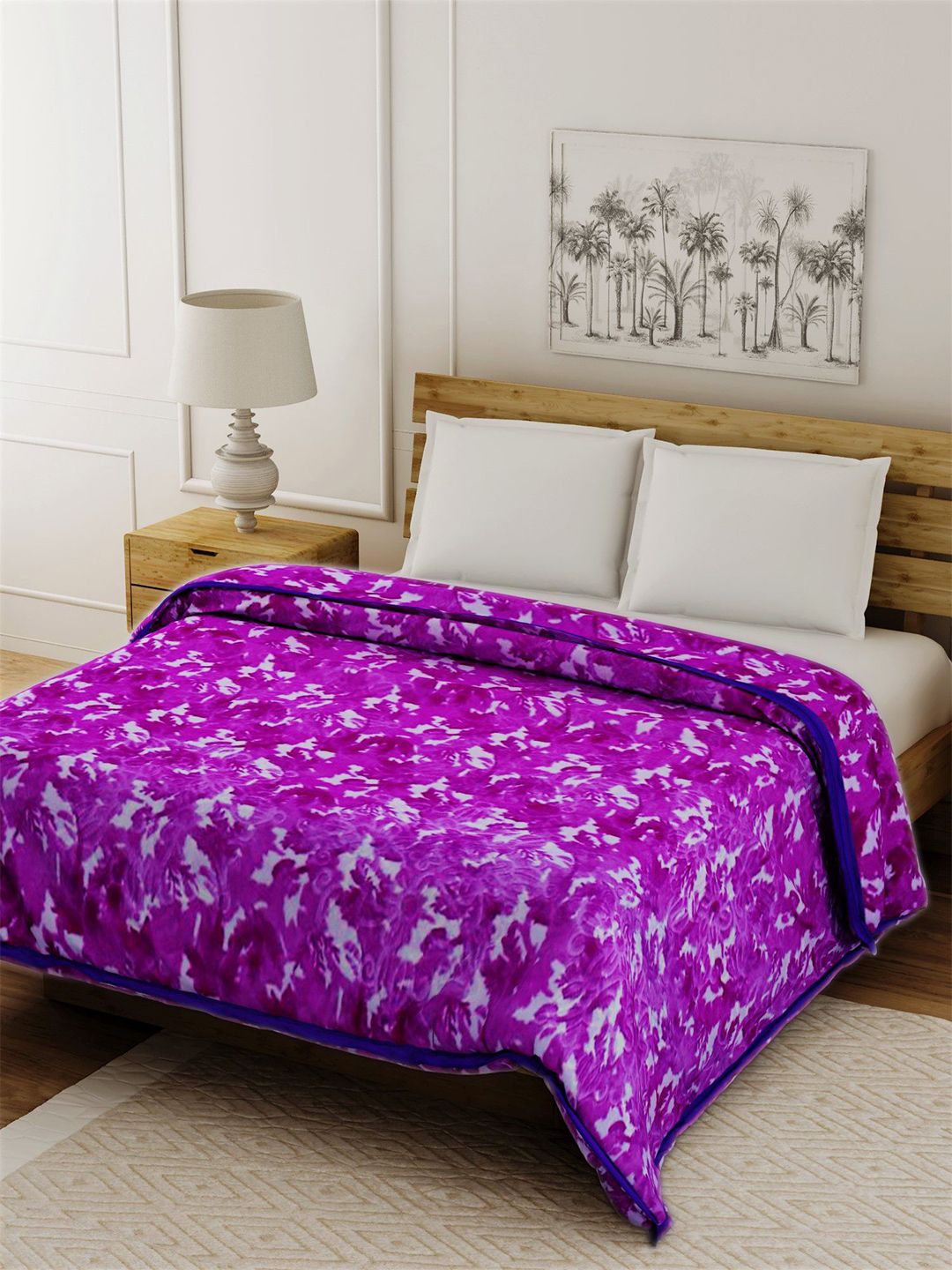 Spangle Purple & White Floral Mink Heavy Winter 400 GSM Double Bed Blanket Price in India