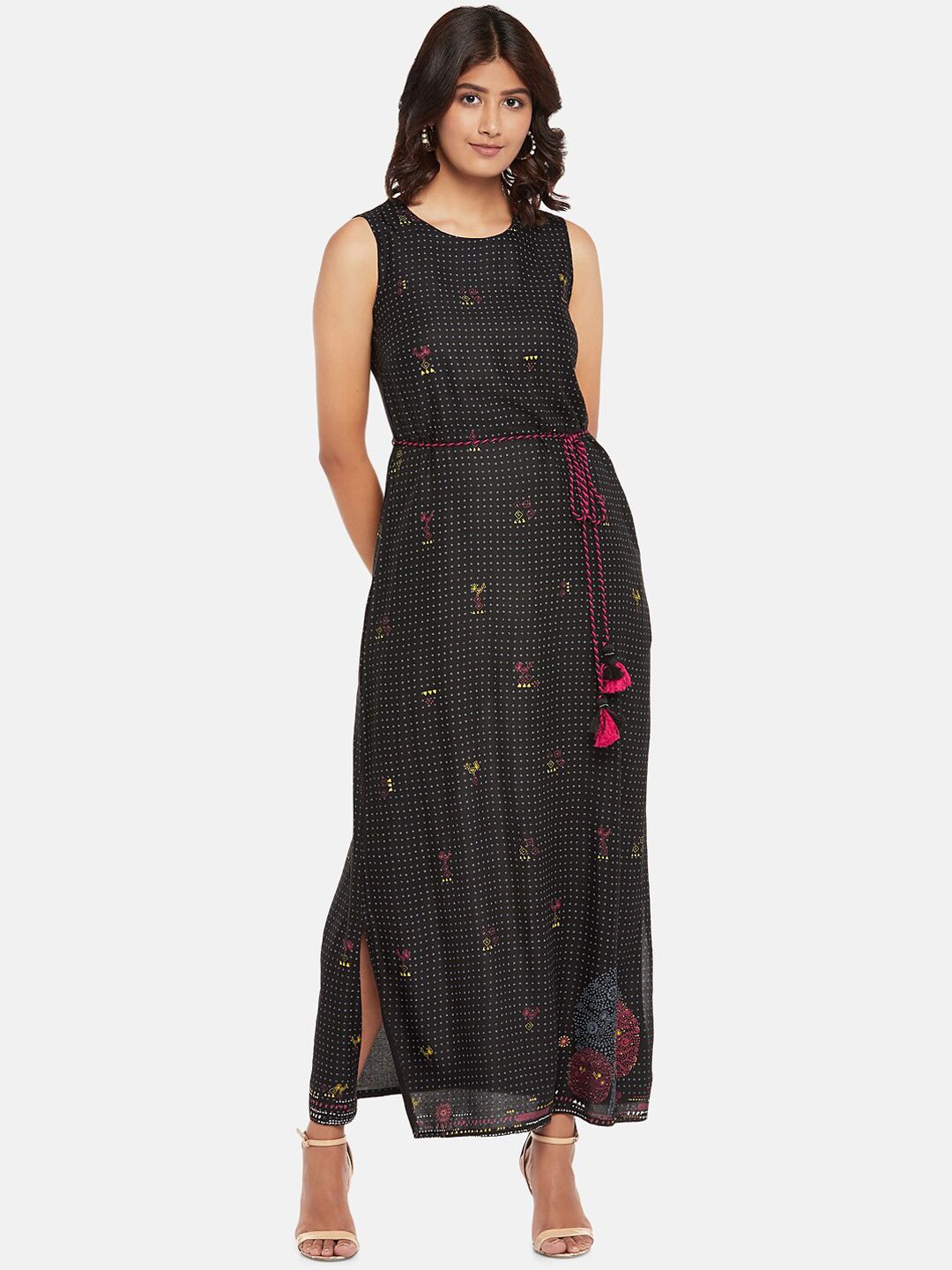 AKKRITI BY PANTALOONS Women Black & Blue Ethnic Motifs Printed Belted Maxi Dress Price in India
