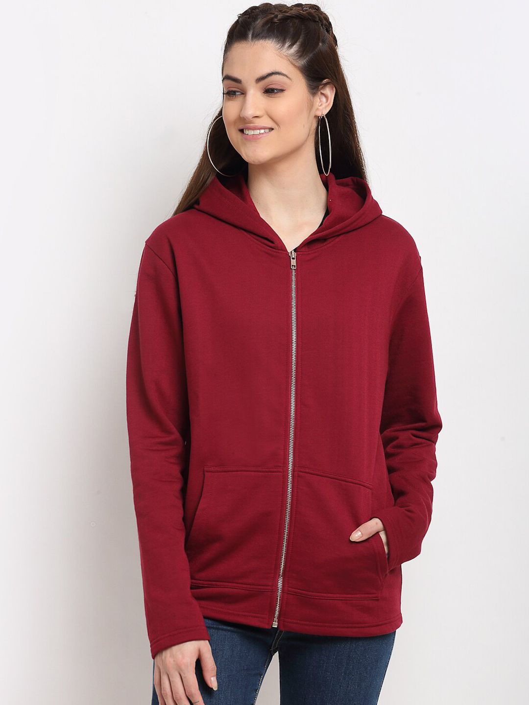 DOOR74 Women Maroon Hooded Cotton Sweatshirt Price in India