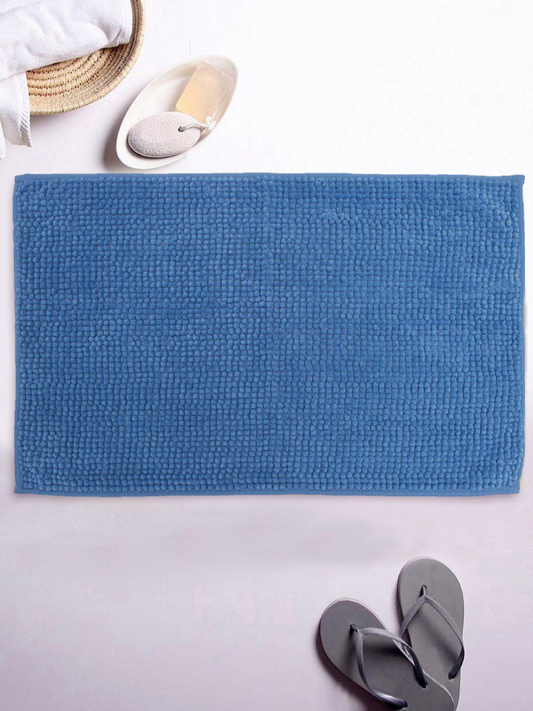 AVI Living Blue Solid Shaggy Microfiber 1600 GSM Chenille Pure Cotton Bathmat Price in India