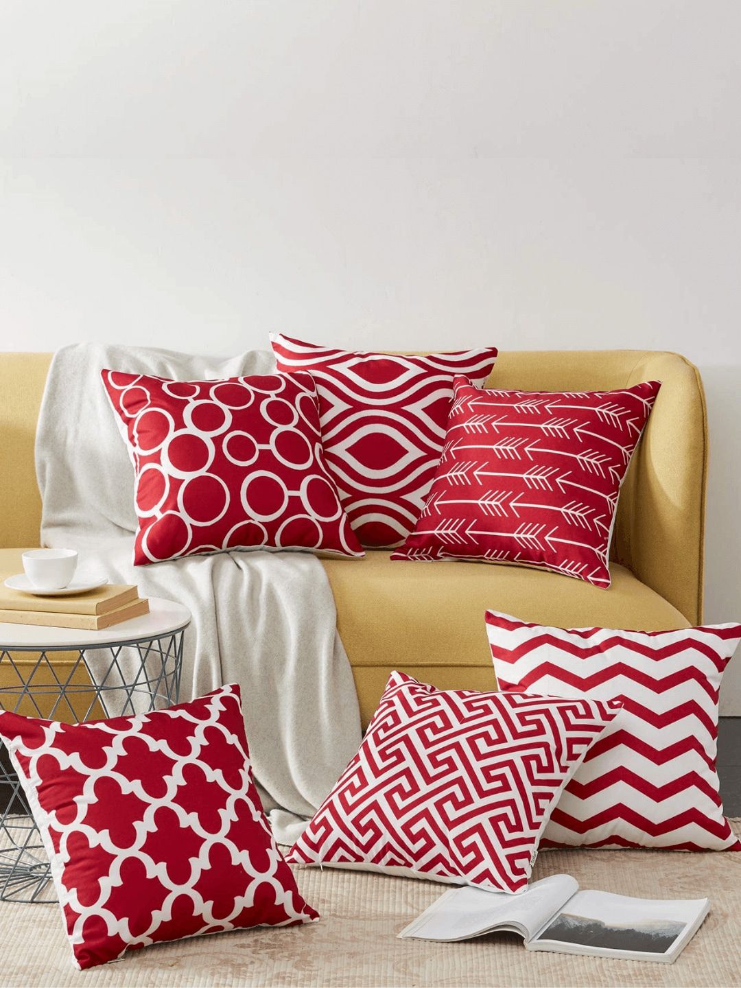 MODERN HOMES Maroon & White Set of 6 Geometric Square Cushion Covers Price in India