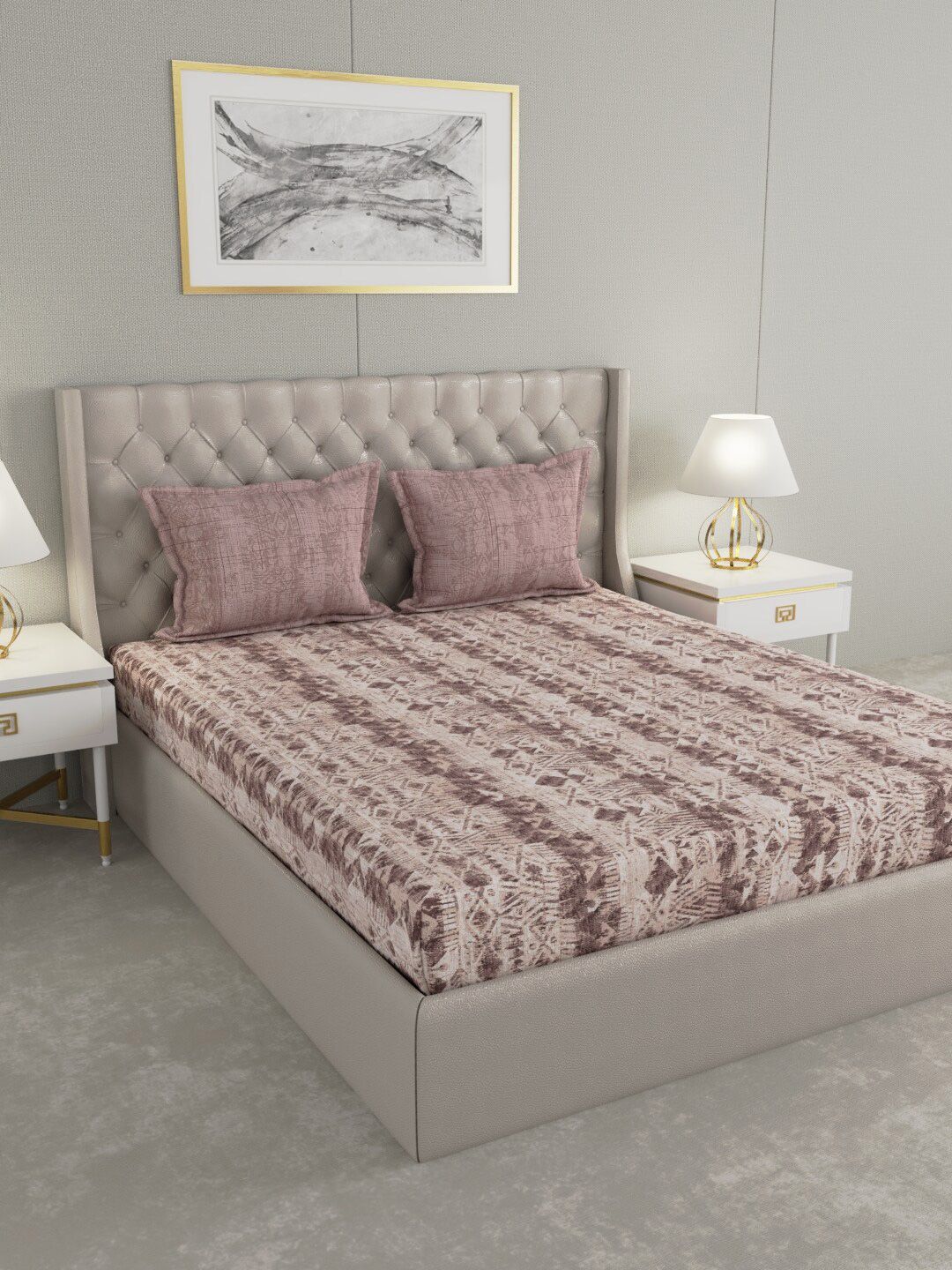 Trident Brown & Beige Geometric Printed 144 TC Queen Bedsheet with 2 Pillow Covers Price in India