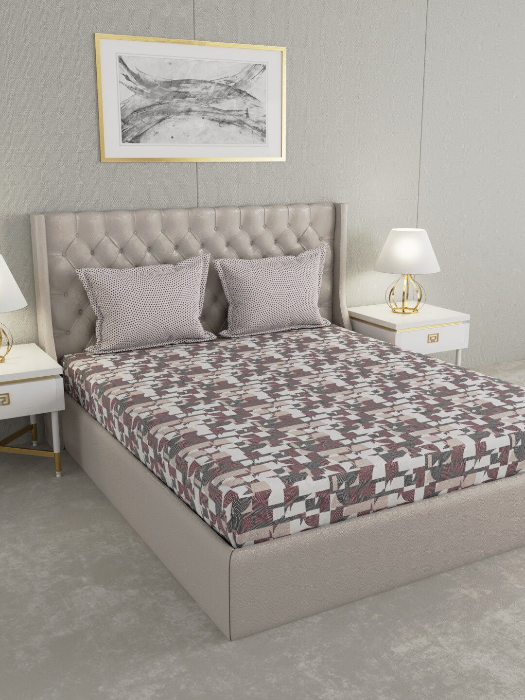 Trident Olive Green & Beige Geometric Printed 144 TC Queen Bedsheet with 2 Pillow Covers Price in India