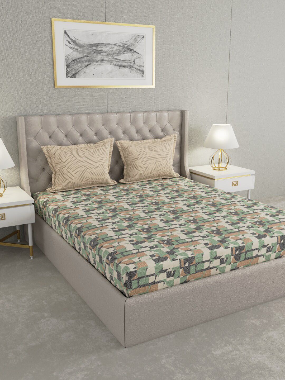 Trident Olive Green & Beige Printed 144 TC Pure Cotton Queen Bedsheet with 2 Pillow Covers Price in India
