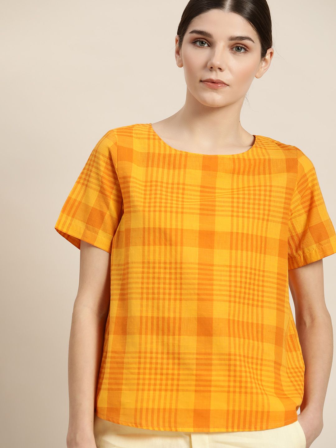 ether Kora Collection Mustard Yellow & Orange Sustainable Unbleached Fabric Handloom Top