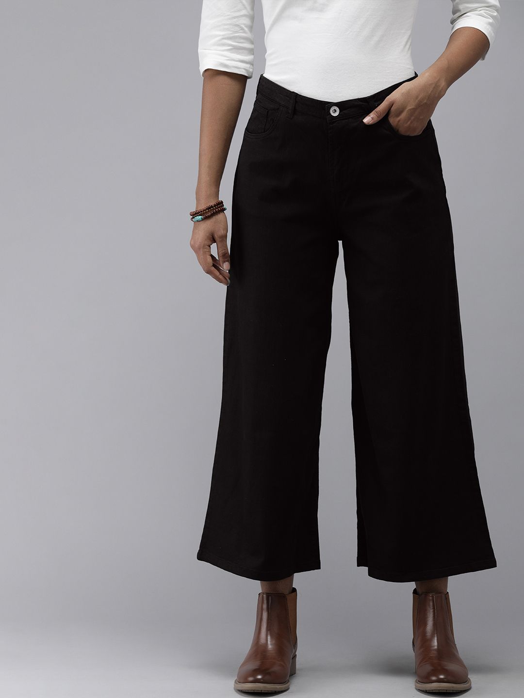 Roadster Women Black Solid Flared Trousers Price in India