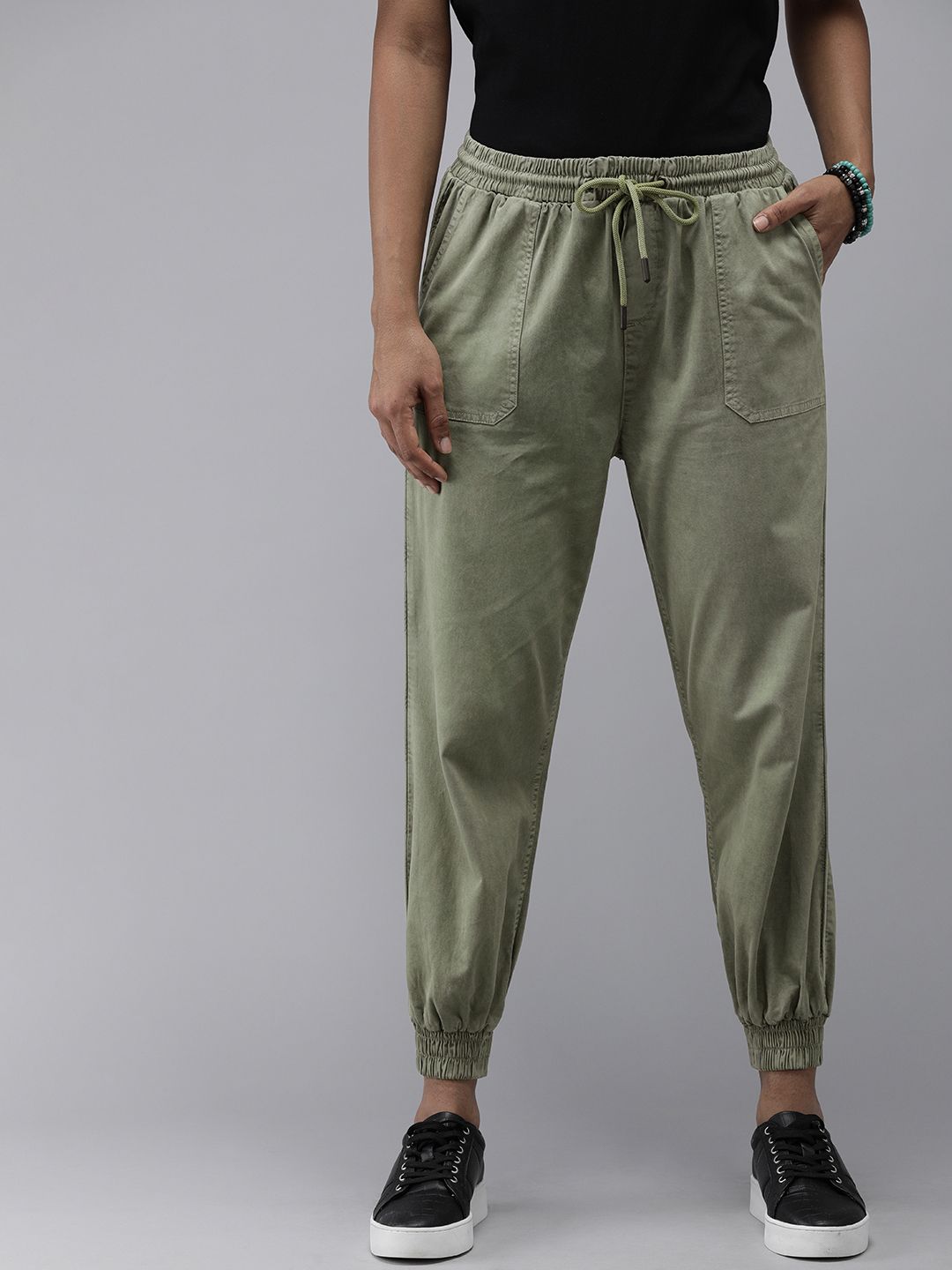Roadster Women Green Solid Jogger Trousers Price in India