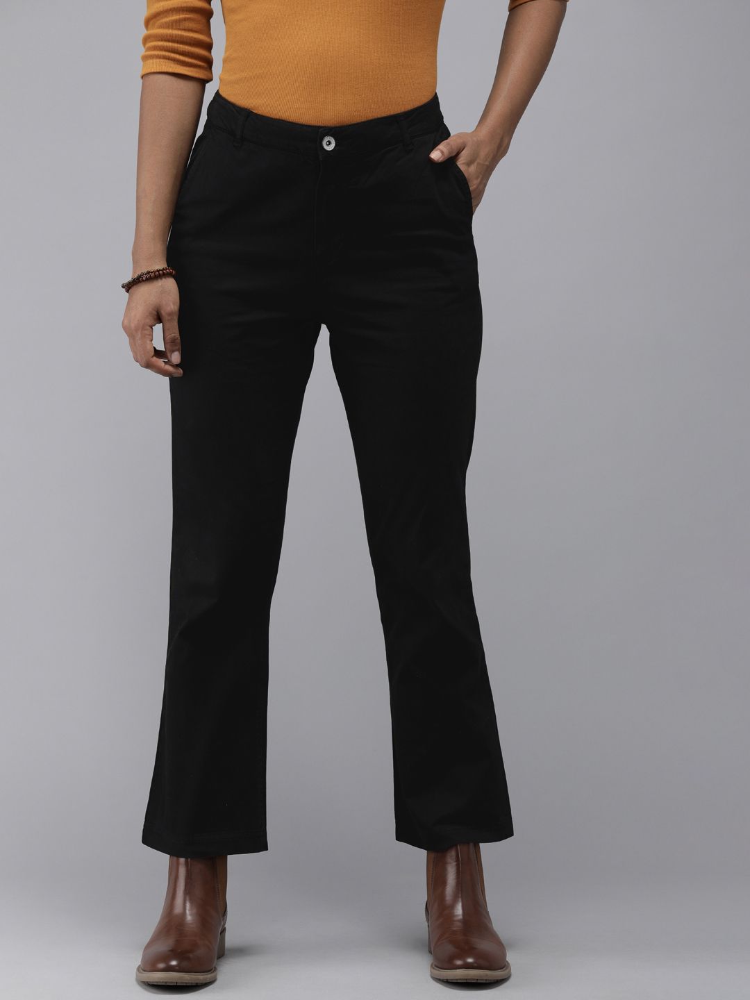 Roadster Women Black Solid Cropped Parallel Trousers Price in India
