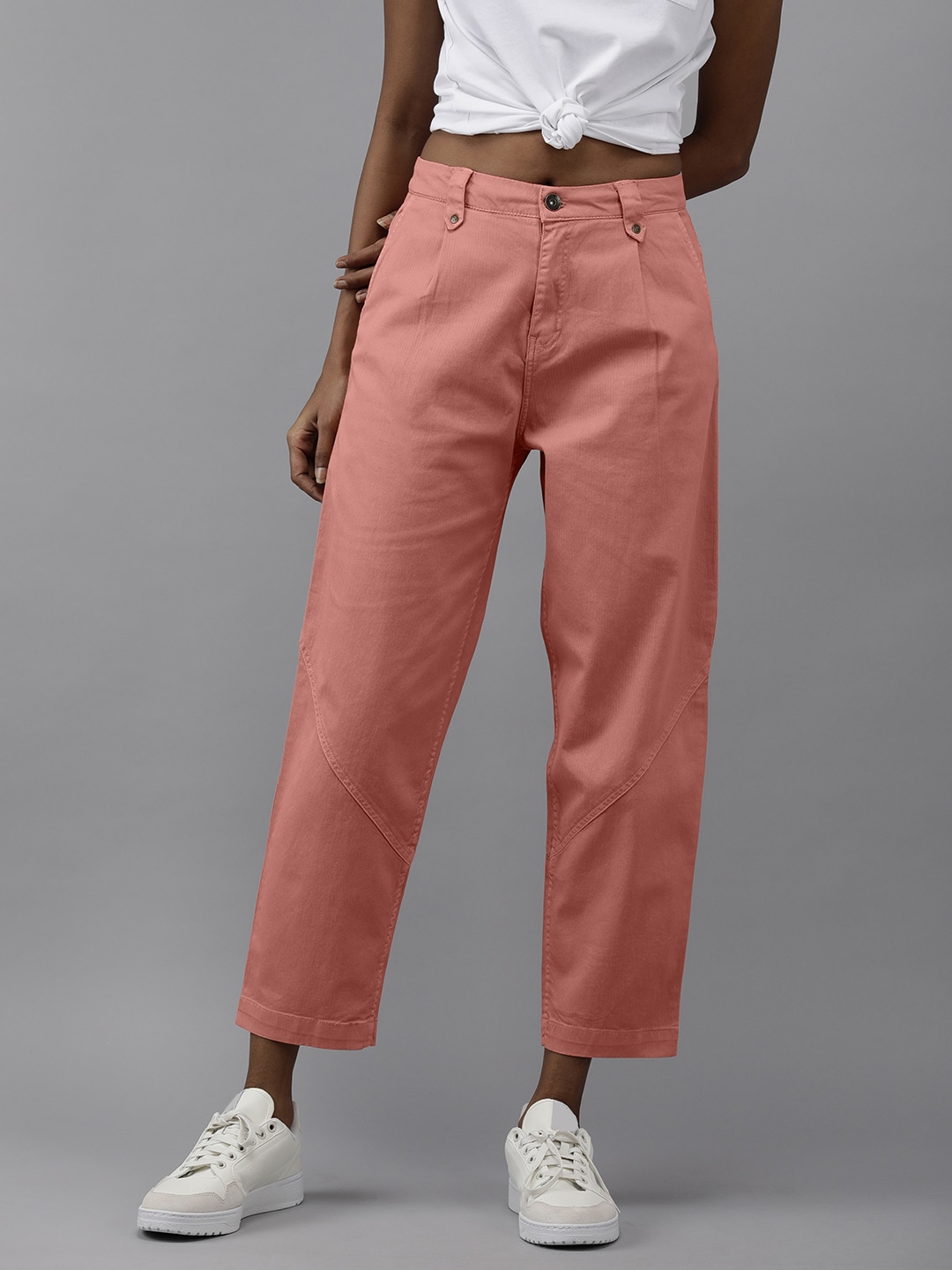 The Roadster Lifestyle Co Women Peach-Coloured Solid Trousers Price in India