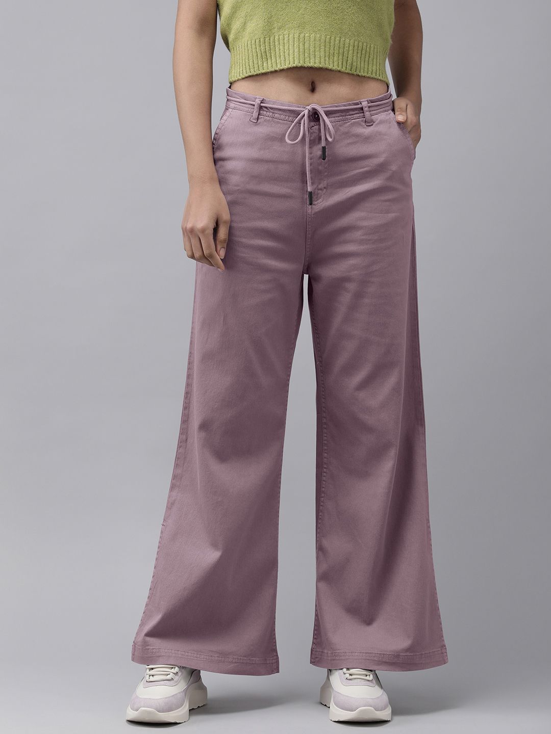 Roadster Women Purple Textured Straight Fit Trousers Price in India