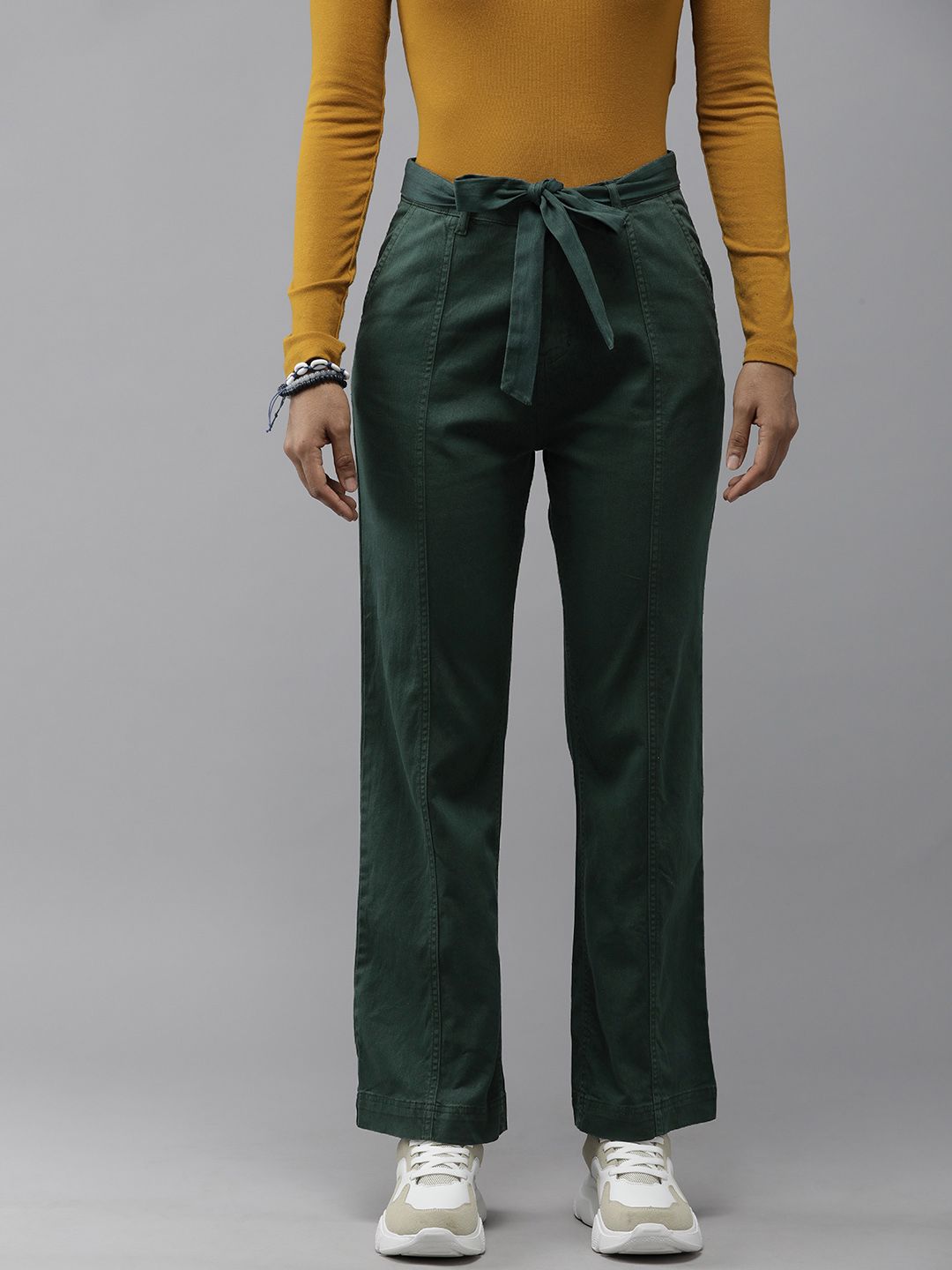 The Roadster Lifestyle Co Women Green Solid Trousers Price in India