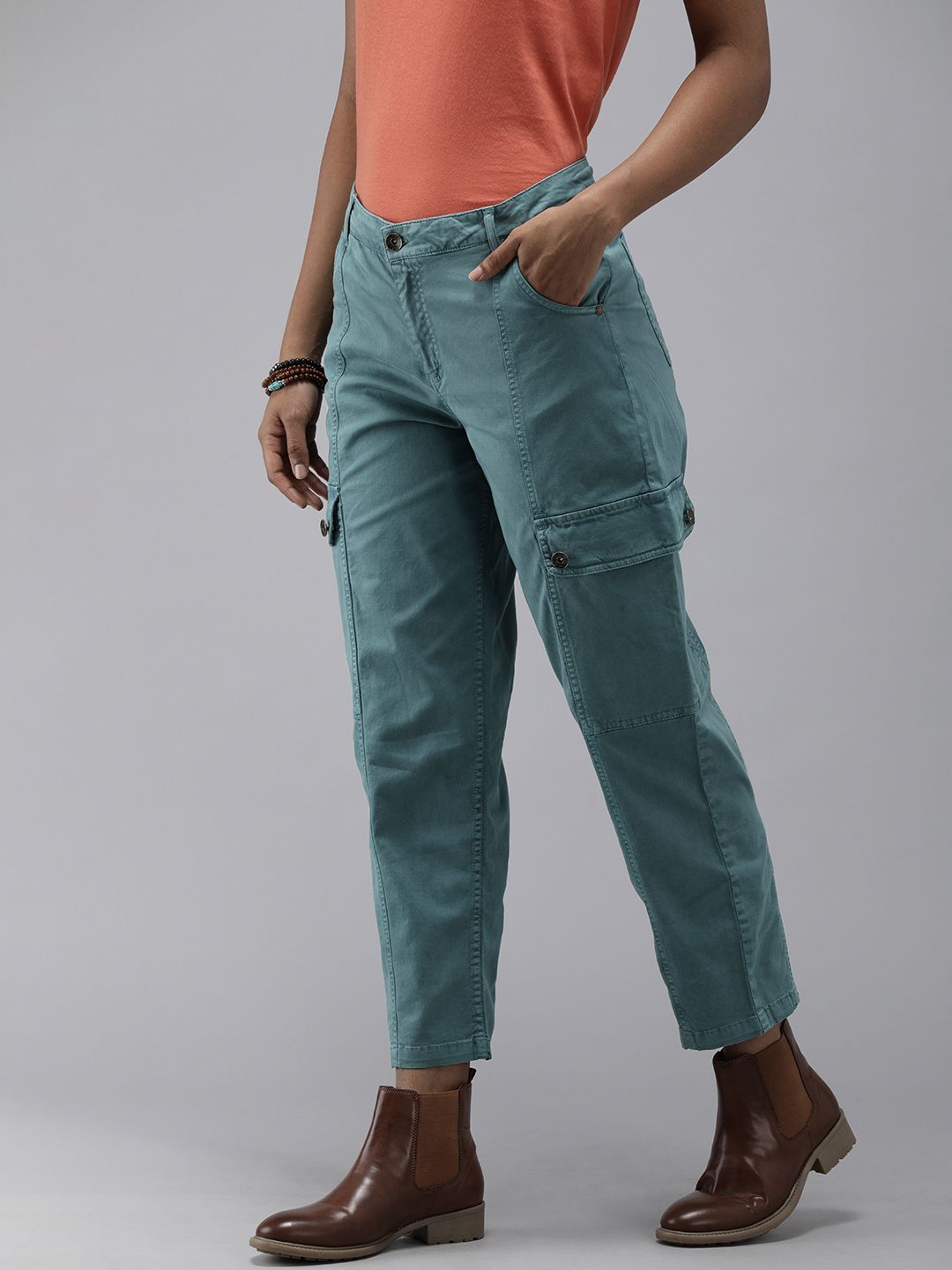 Roadster Women Green Solid Cargos Trousers Price in India