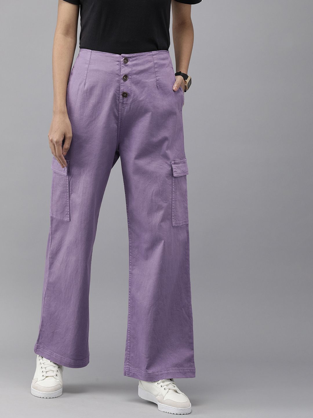 The Roadster Lifestyle Co Women Purple Straight Fit High-Rise Cargos Trousers Price in India