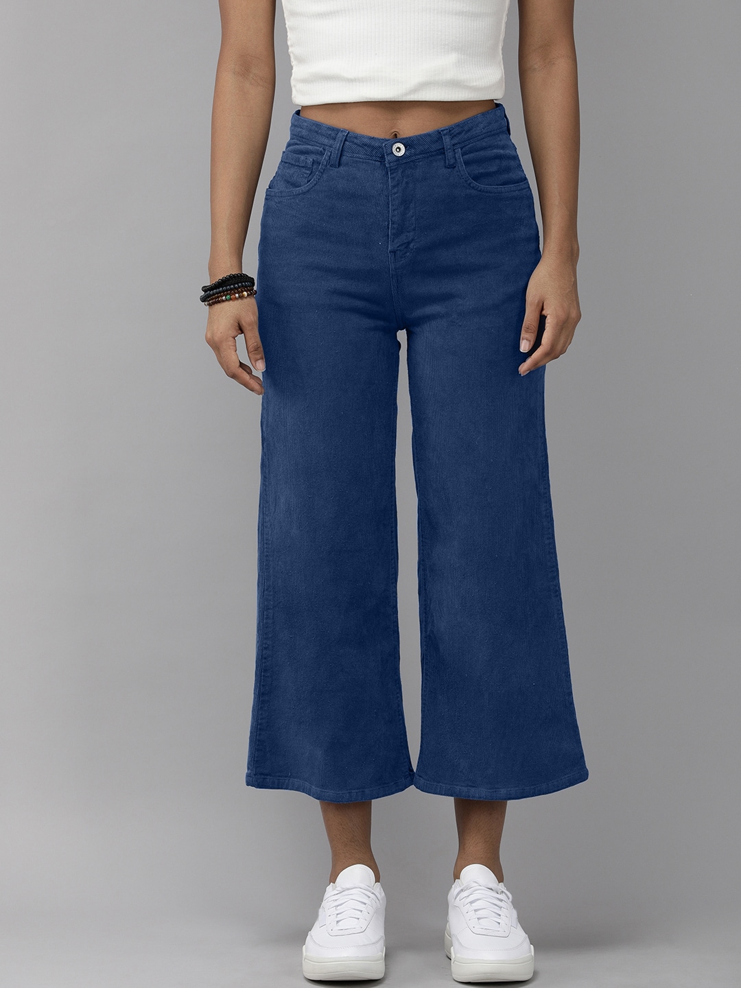 Roadster Women Blue Straight Fit Crop Corduroy Culottes Trousers Price in India