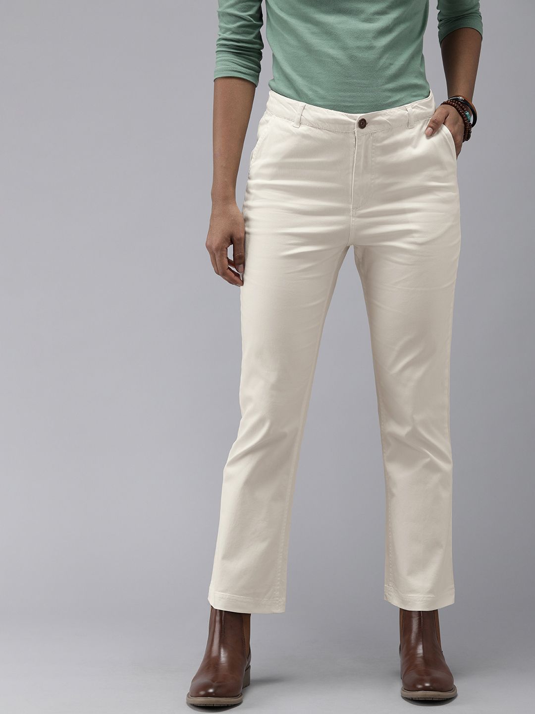Roadster Women Off White Slim Fit Cropped Regular Trousers Price in India