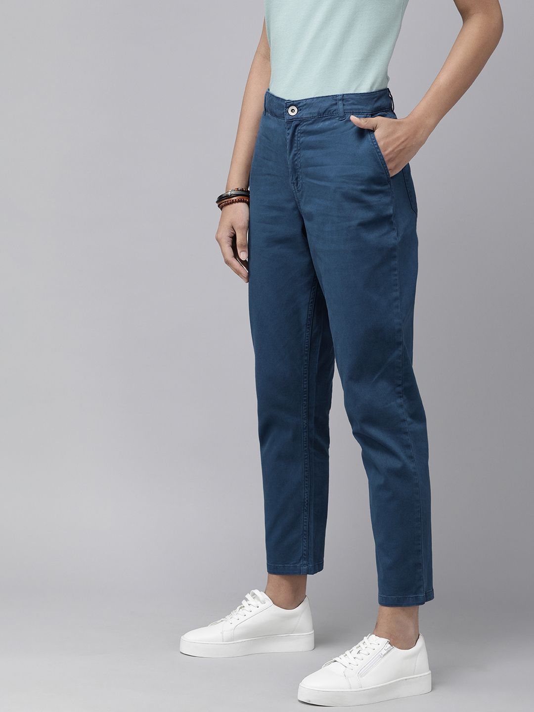The Roadster Lifestyle Co Women Blue Solid Chinos Trousers Price in India