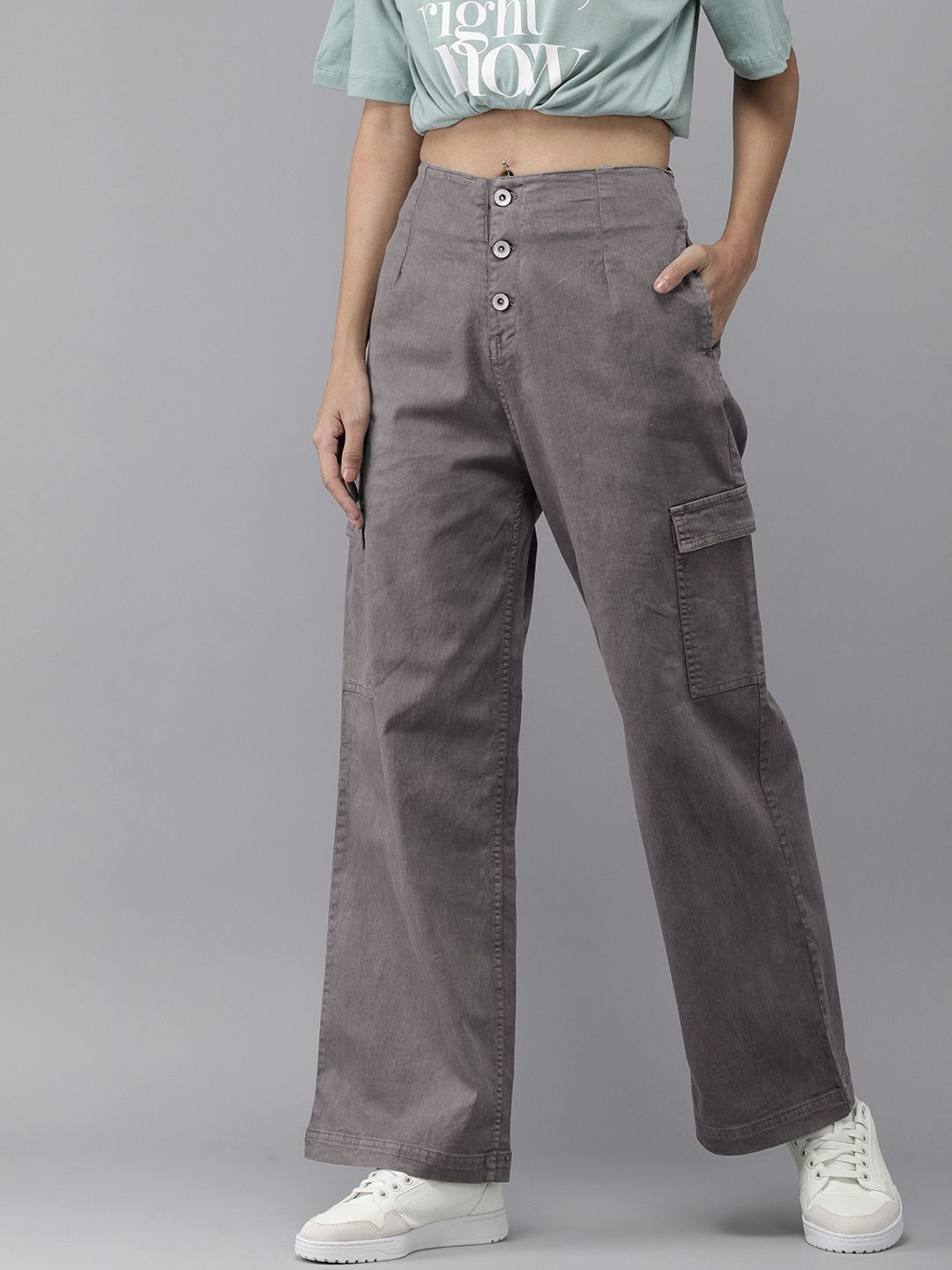 The Roadster Lifestyle Co Women Grey Straight Fit High-Rise Cargos Trousers Price in India