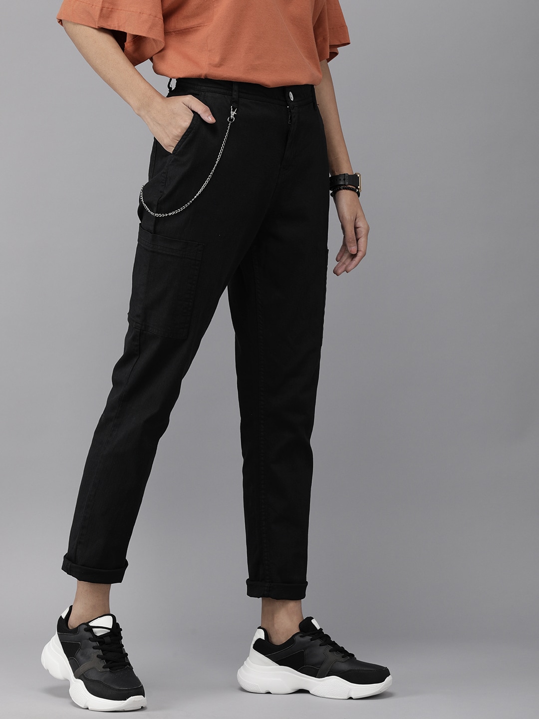 The Roadster Lifestyle Co Women Black Slim Fit High-Rise Trousers Price in India