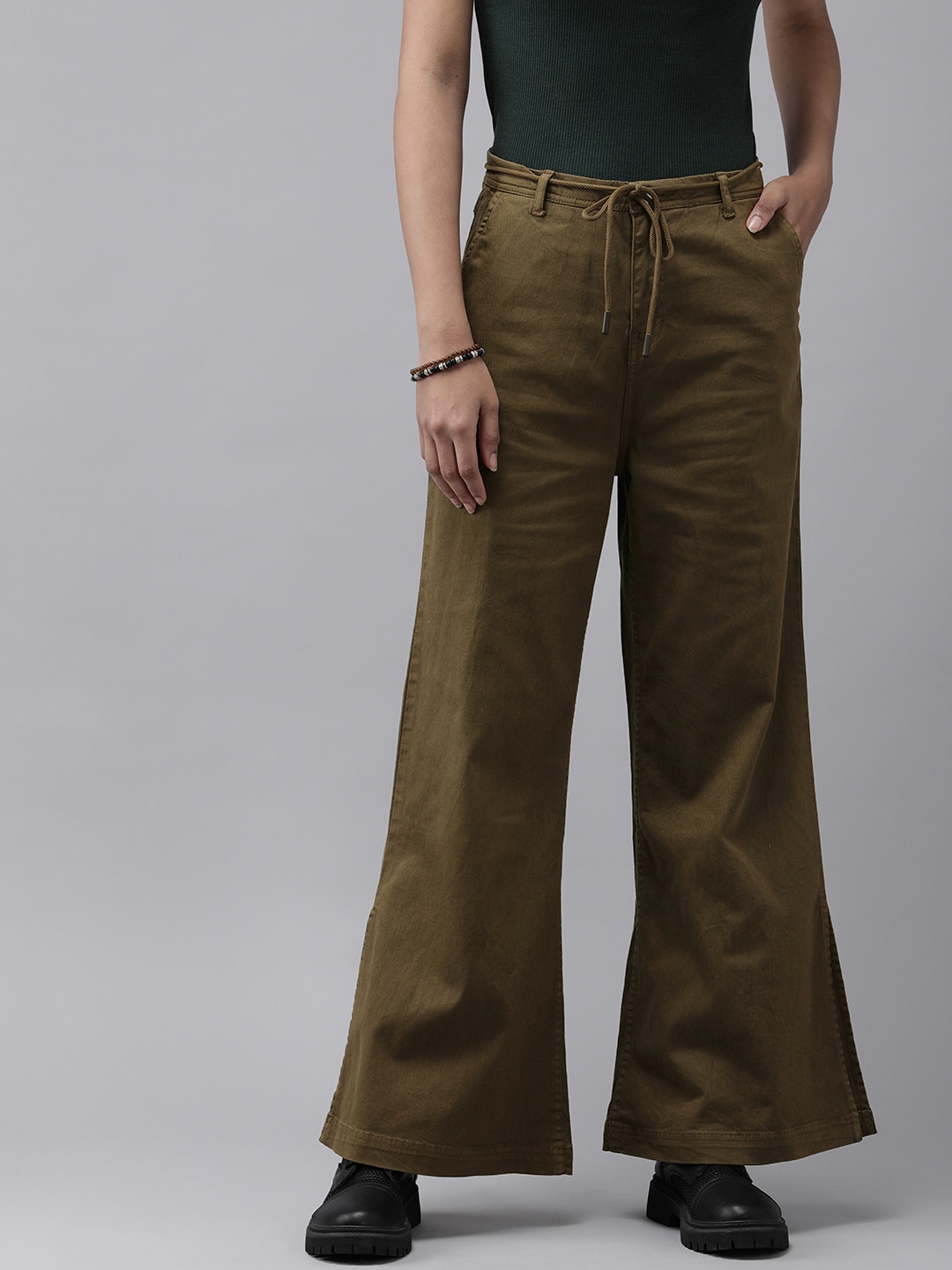 Roadster Women Olive Green Straight Fit Trousers Price in India