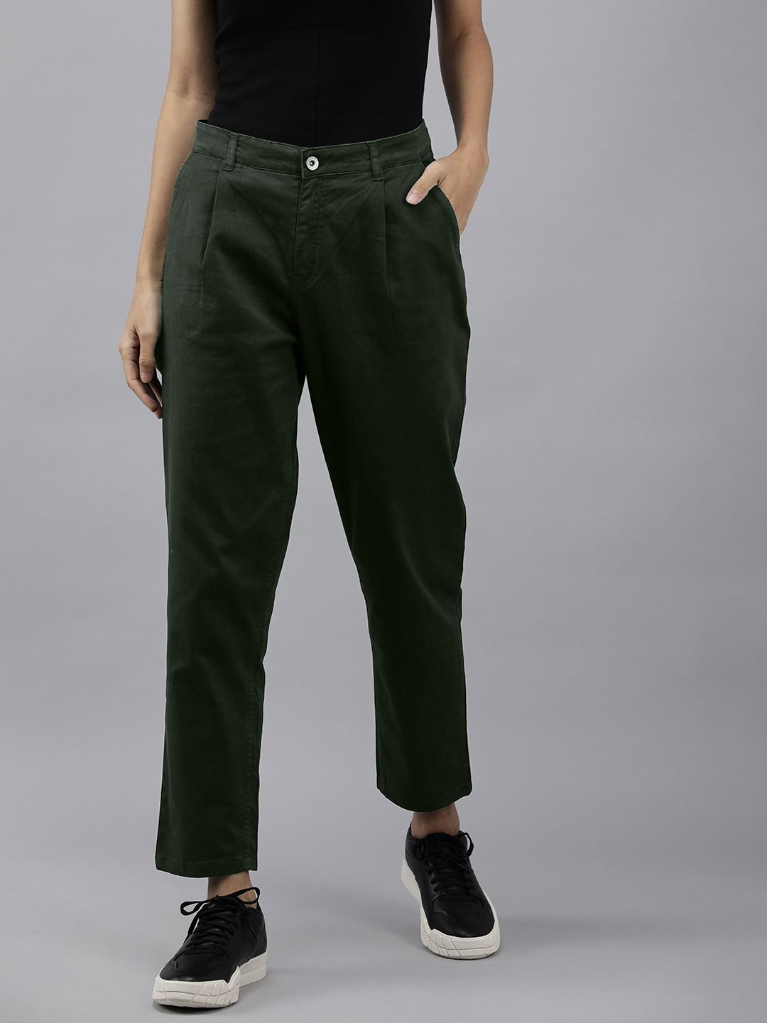 The Roadster Lifestyle Co Women Green Boyfriend Fit Regular Trousers Price in India