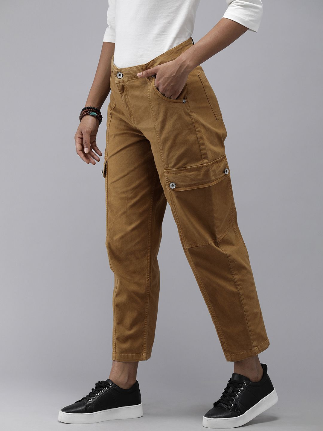 Roadster Women Brown Solid Cargos Trousers Price in India
