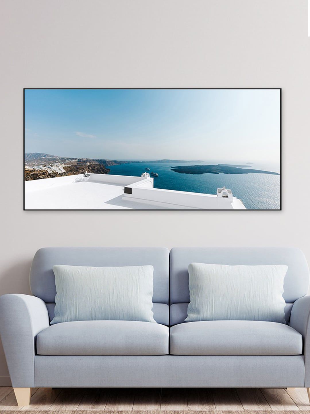 WALLMANTRA Blue & White Painted Santorini Island Greece Framed Wall Art Price in India